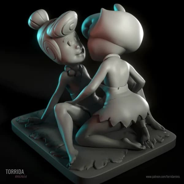 Miniatura 3D de Betty e Wilma em pose íntima usando vestidos pré-históricos de resina cinza.