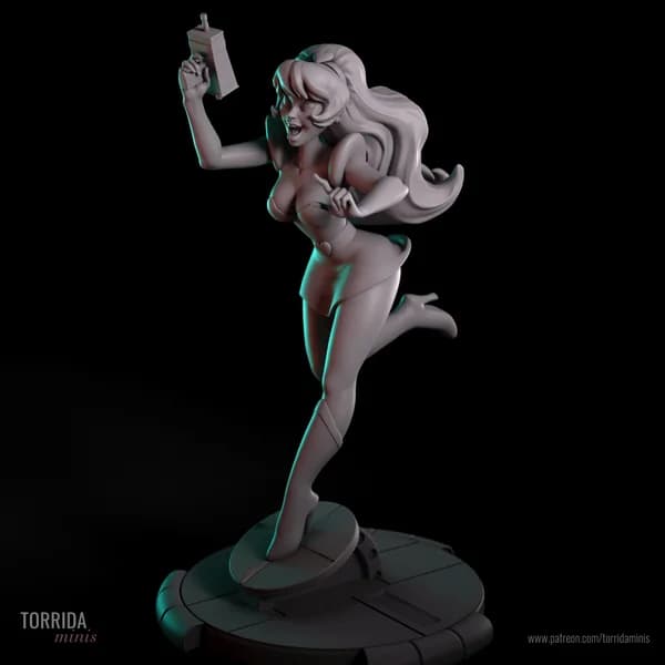 Miniatura 3D da personagem Kimberly em pose dinâmica de corrida com traje sci-fi retrô.