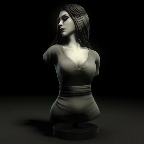 Busto de miniatura 3D feminina com vestido decotado e olhar sedutor