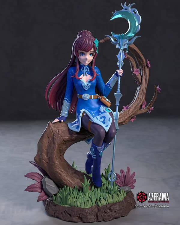 Miniatura 3D Aoi Haruka sentada em um galho com cajado místico em estilo oriental.