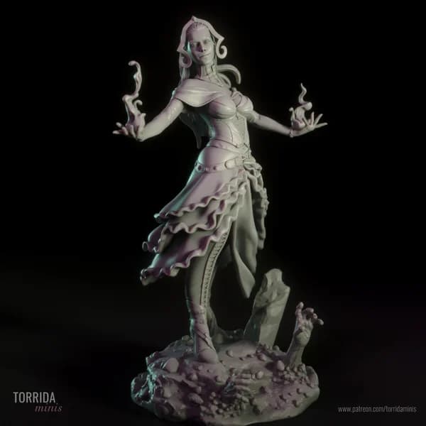 Miniatura 3D de Liliana Vess em traje de feiticeira com chamas mágicas nas mãos e base temática.