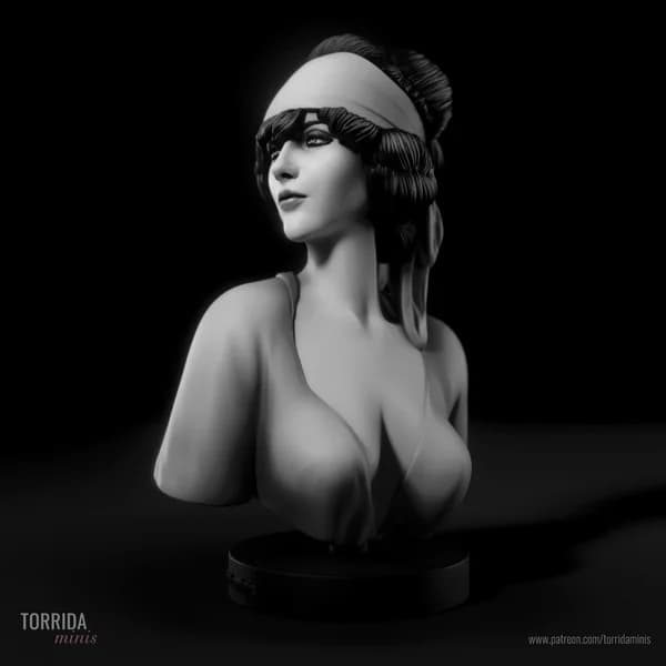 Miniatura 3D de busto feminino com faixa no cabelo e decote profundo em resina cinza.