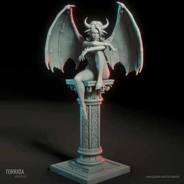 Miniatura 3D Zissa, uma súcubo sedutora sentada em um pedestal com asas abertas.