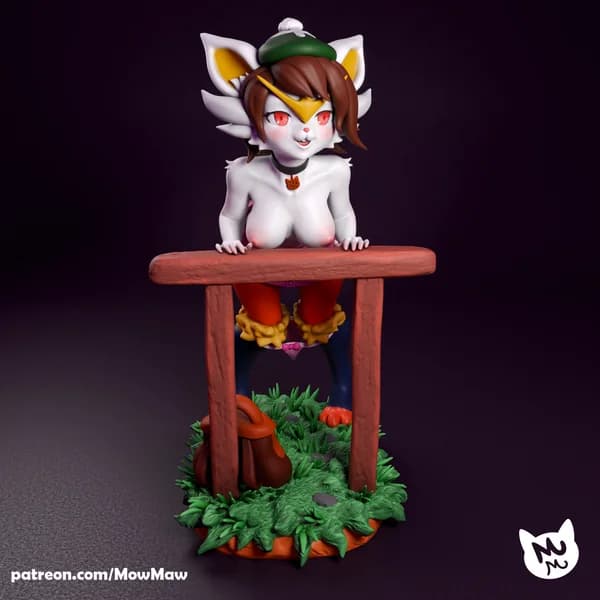 Miniatura 3D Cinderace Gloria em pose sedutora apoiada em cerca de madeira frontal.