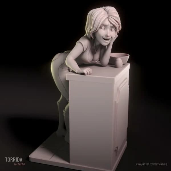 Miniatura 3D da personagem Aunt Cass em pose casual apoiada no balcão vestindo camiseta justa.