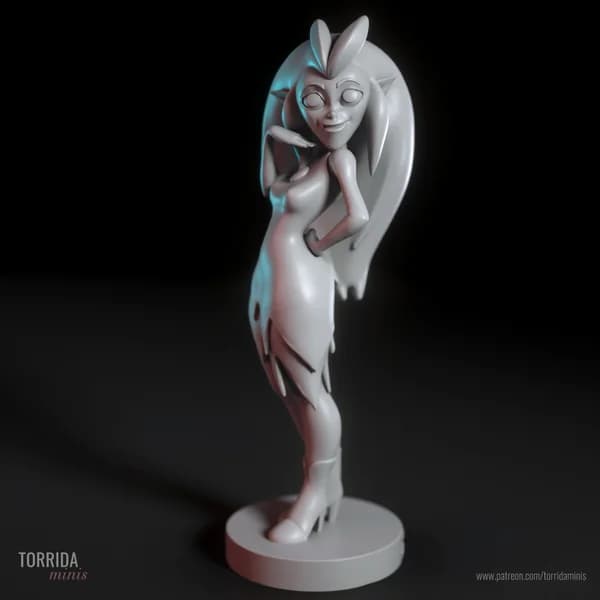 Miniatura 3D da personagem Eda em pose sedutora vestindo túnica curta em resina cinza.
