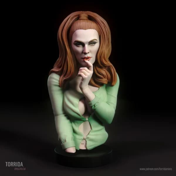 Miniatura 3D de busto feminino com camisa verde e olhar provocante.
