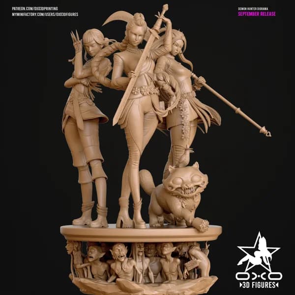 Trio de miniaturas 3D Caçadoras de Demônios em pose sedutora sobre base temática decorada.