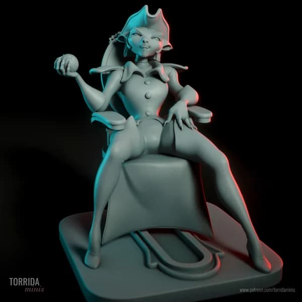 Miniatura 3D da Capitã Amelia vestida em uniforme de comando, sentada em pose provocante em sua cadeira espacial.